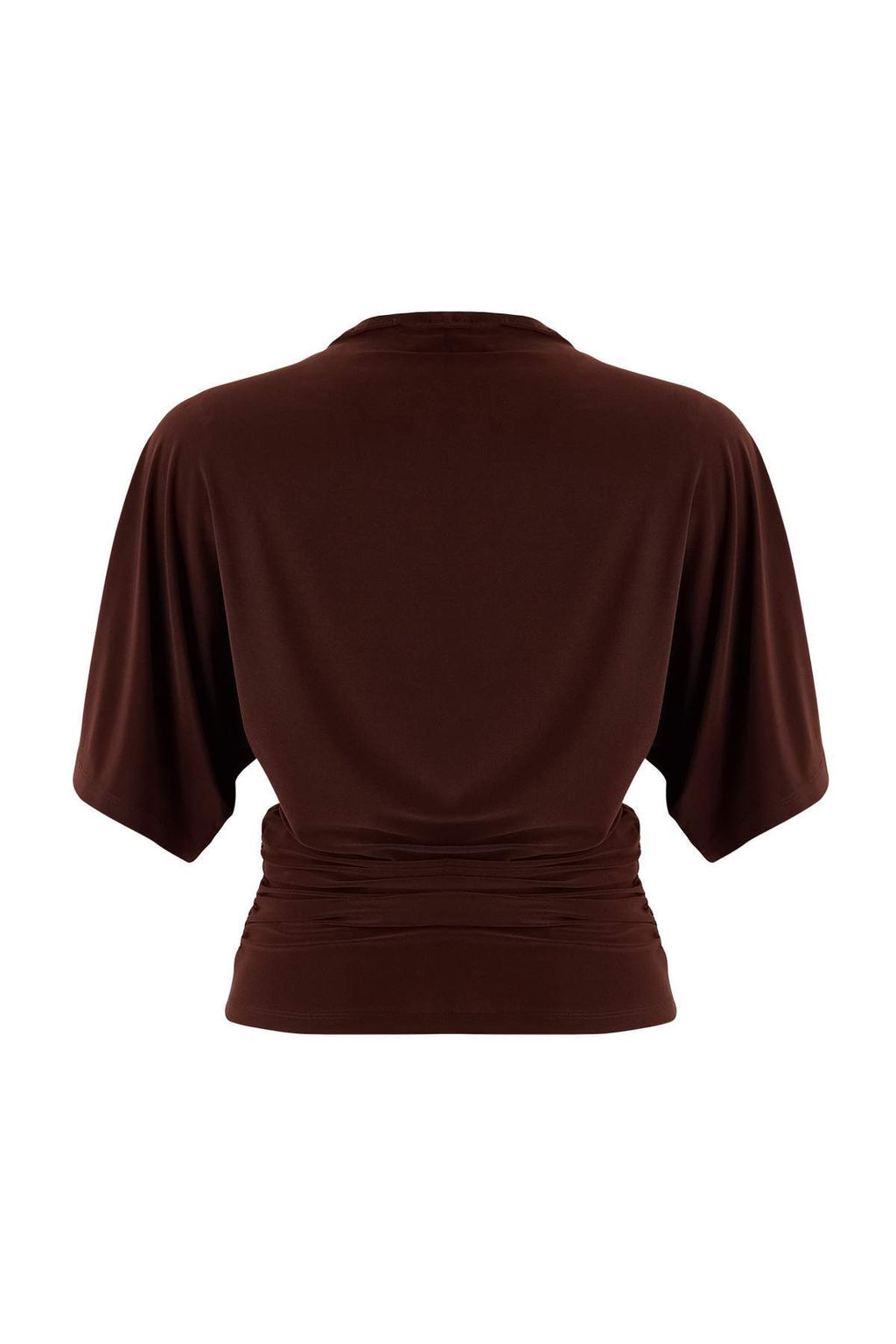 Kahverengi Fitted/Vucuda Oturan Kay?k Yaka Yarasa Kol K?sa Kollu Esnek Orme Bluz TWOSS26BZ00020
