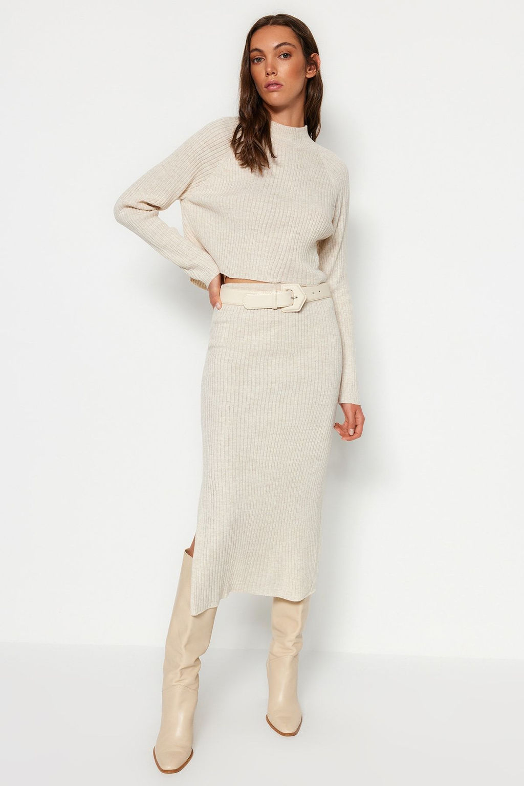 Camel Crop Basic Etekli Triko Alt - Ust Tak?m TWOAW23AU00170 - Trendyolmilla фото 6