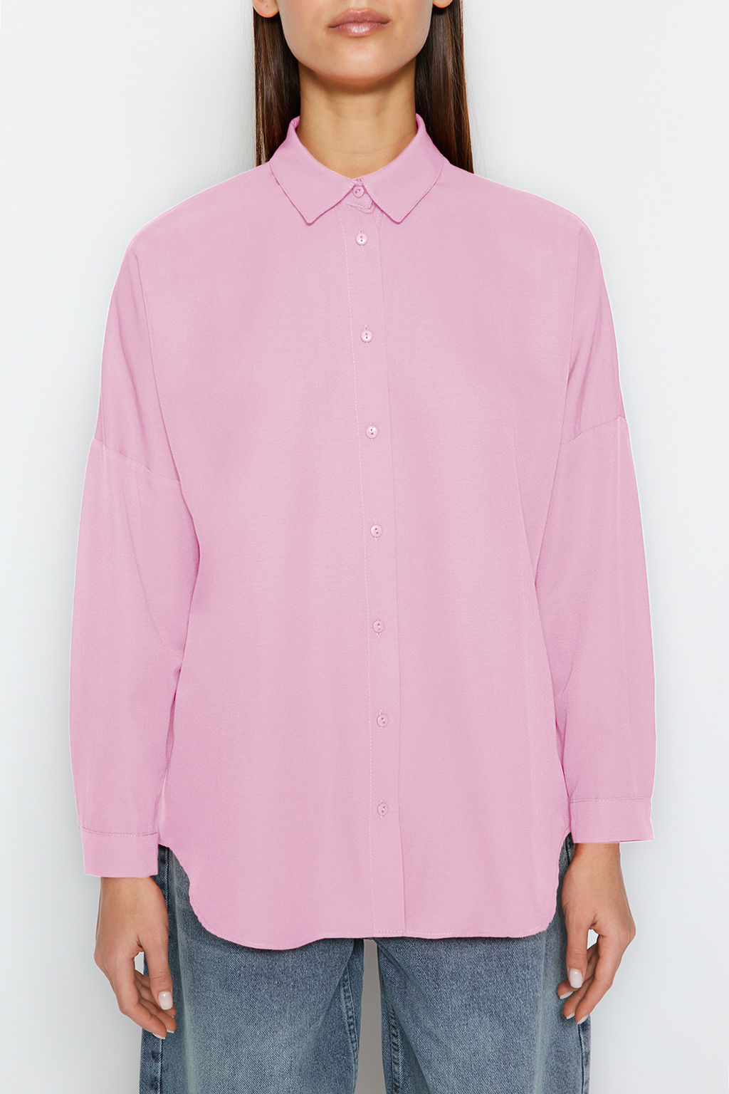 Pembe Pamuklu Oversize Genis Kal?p Dokuma Gomlek TWOSS22GO0669