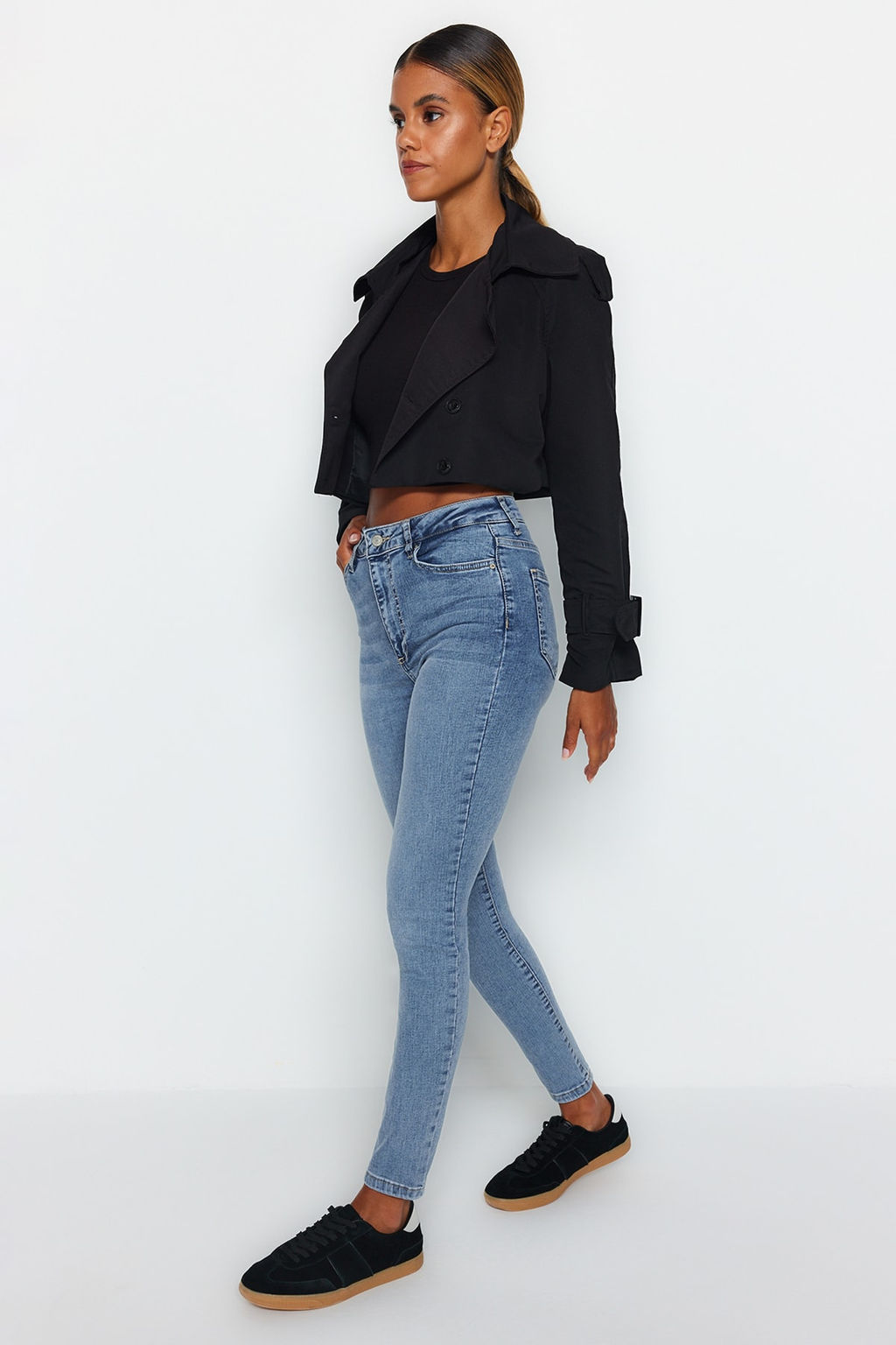 TRENDYOLMILLA Koyu Mavi Sekillendiren Etki Yuksek Bel Skinny Jeans TWOAW24JE00070  фото 11