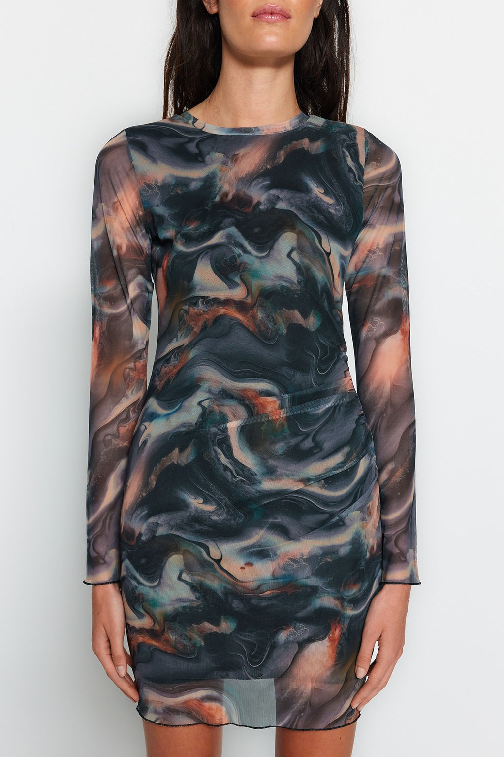 Cok Renkli Tul Buzgu/Drape Detayl? Vucuda Oturan Mini Esnek Orme Kalem Elbise TWOAW24EL00161 - Trendyolmilla фото 10