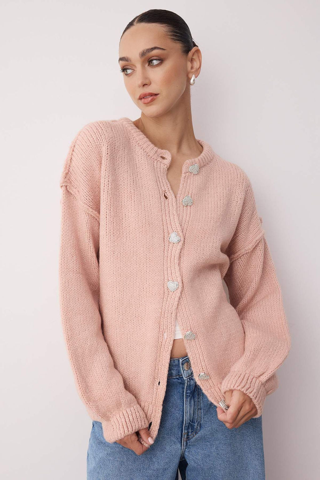 Pembe Yumusak Dokulu Kalp Dugmeli Genis Kal?p Triko H?rka TWOAW26HI00116