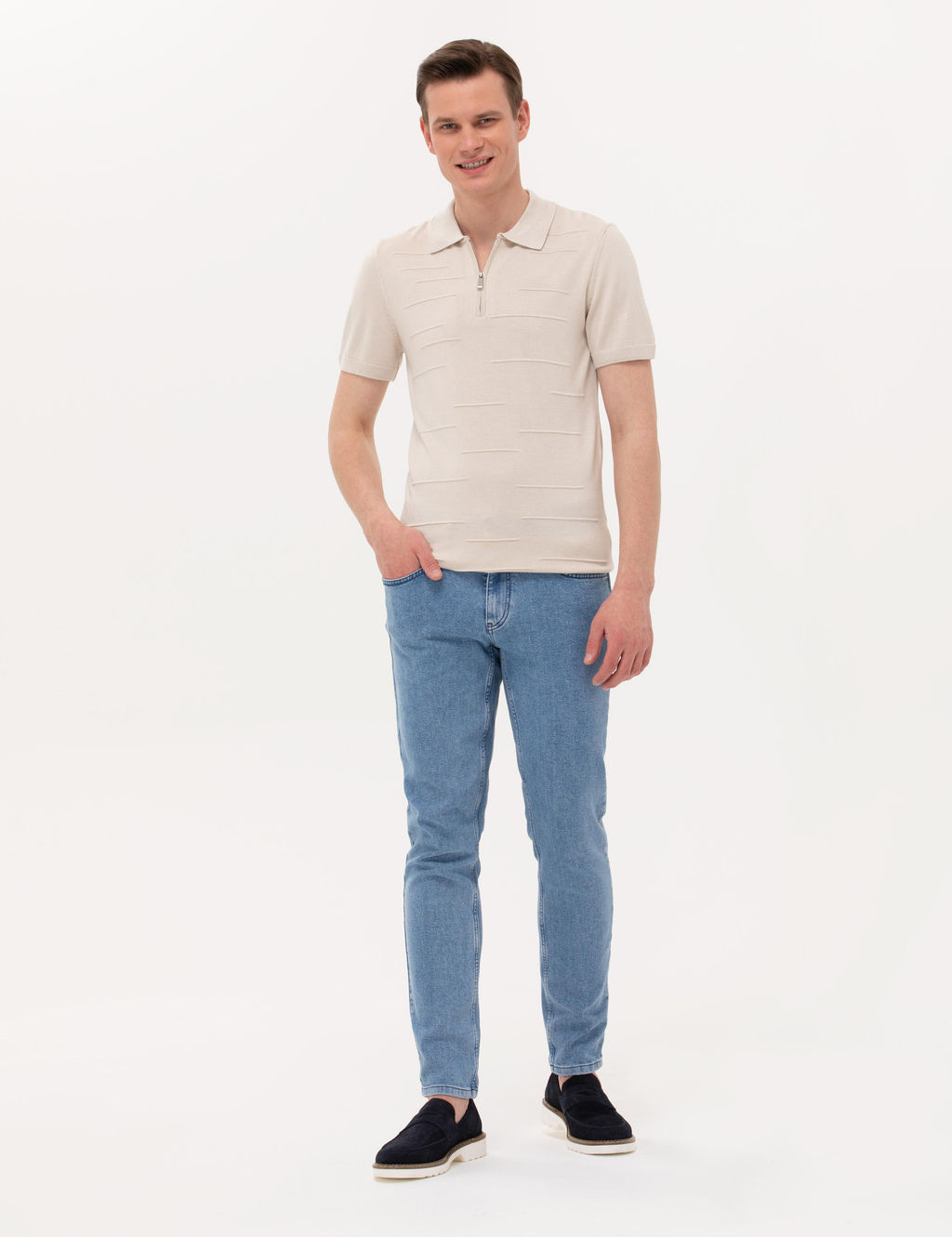 Bej Slim Fit Fermuarl_ Polo Yaka Triko Ti__rt