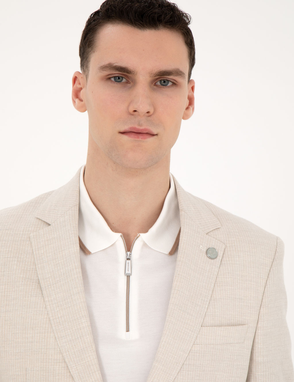 Bej Slim Fit Keten Kar___ml_ _izgili Tak_m Elbise