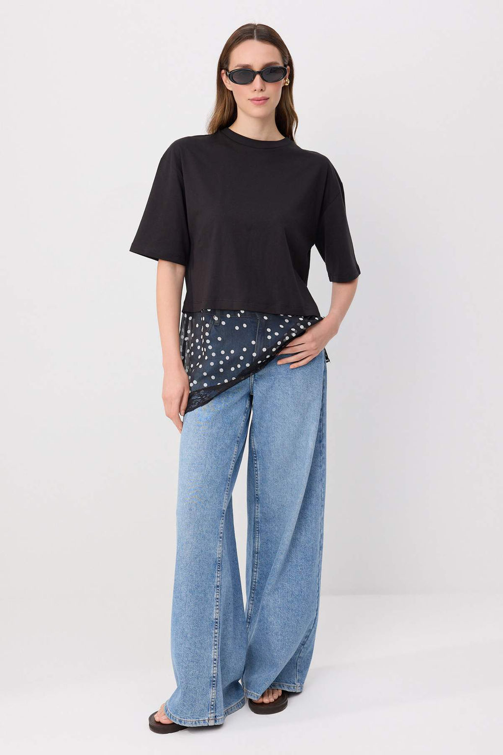 Siyah D_z Oversize/Geni_ Kal_p Puantiyeli Dantel Detayl_ _rme T-Shirt TWOSS26TS00337 - Trendyolmilla фото 2