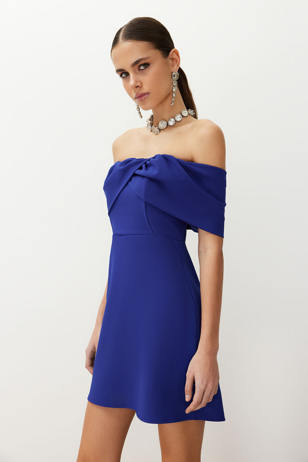 TRENDYOLMILLA Siyah Carmen Yaka Dokuma K?sa Elbise TPRSS24EL00154 фото 18