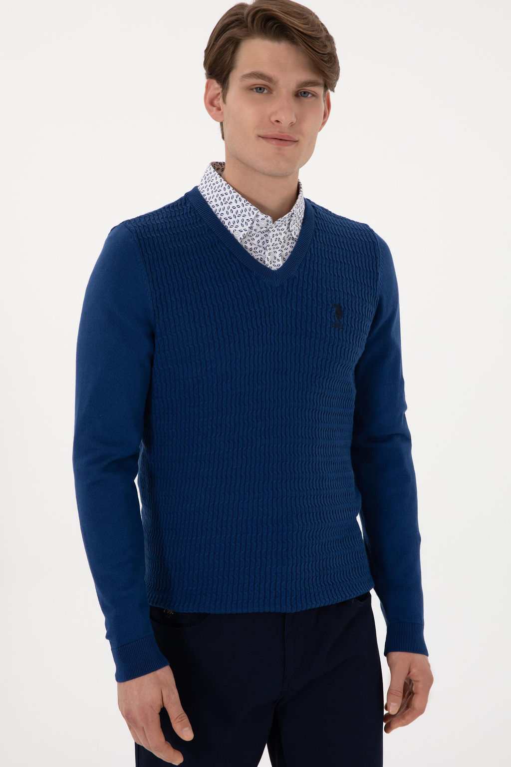 Erkek Slim Fit V Yaka _ndigo Basic Kazak - U.s. polo assn фото 3