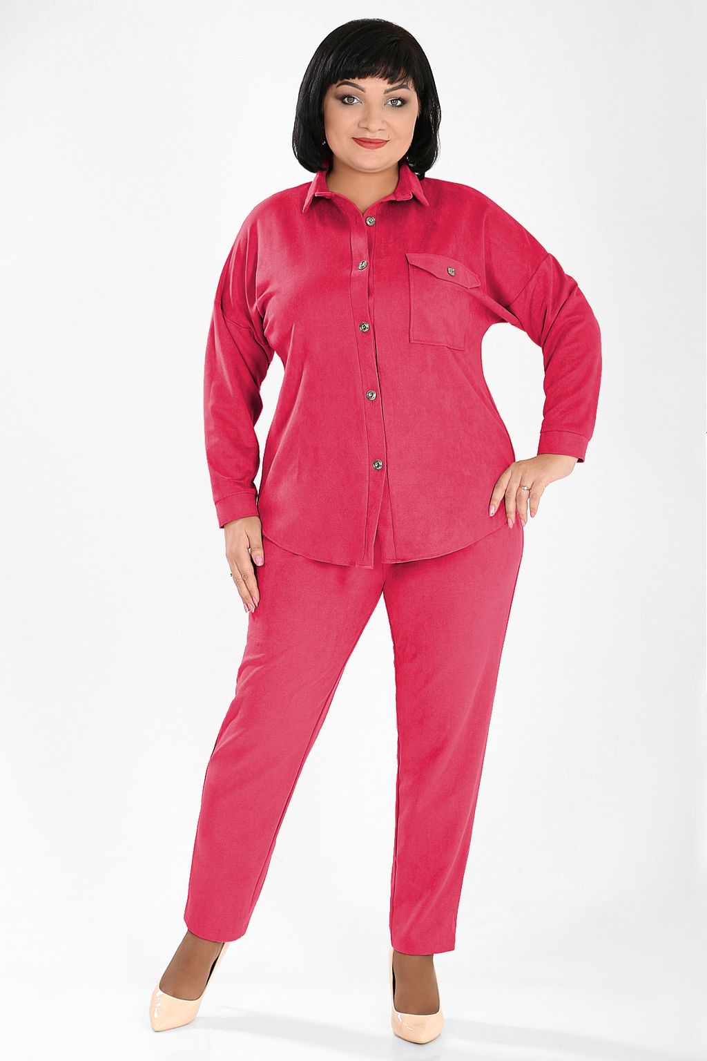 Малиновый костюм женский брючный с рубашкой plus size - Almond фото 2