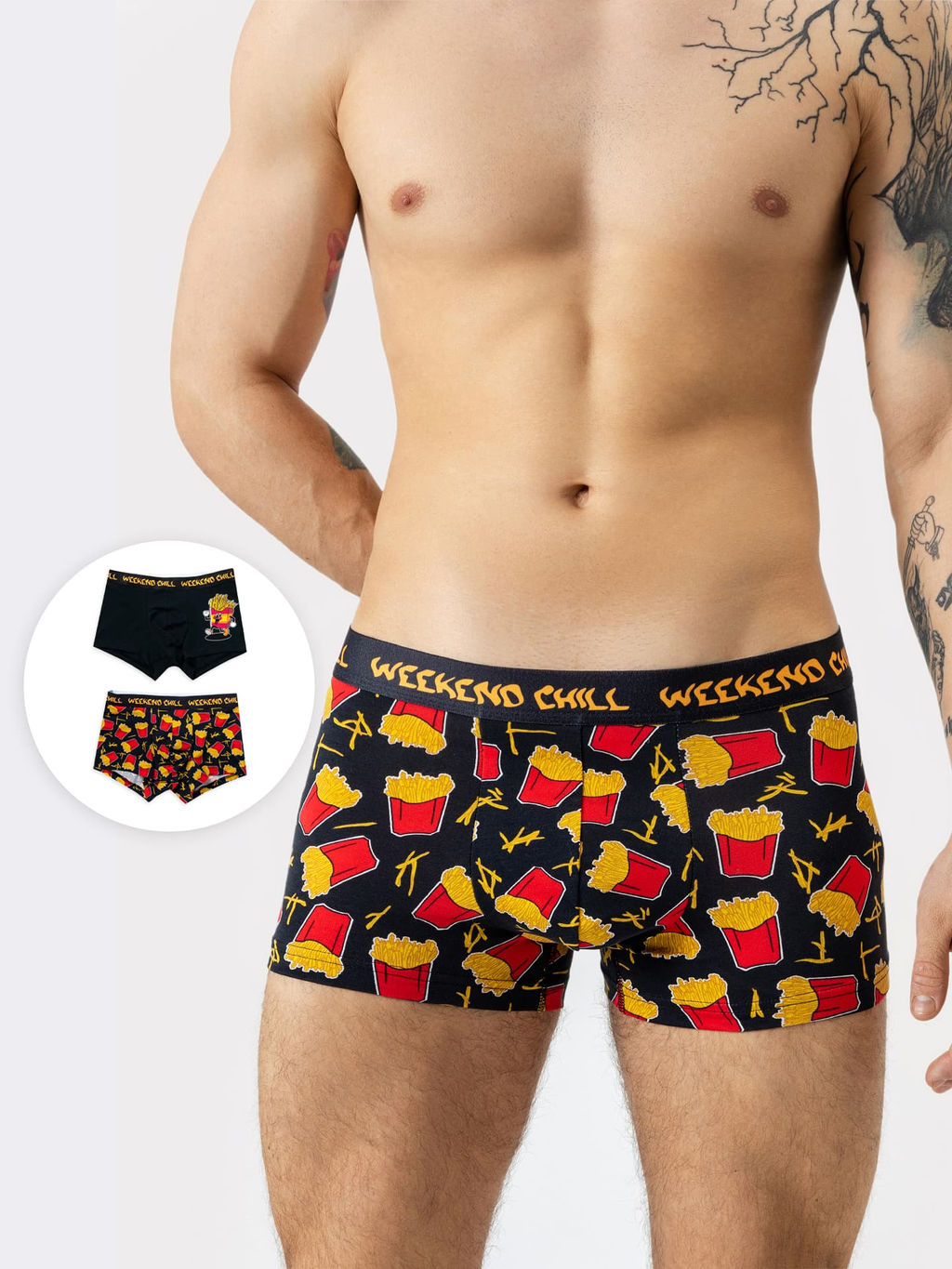 Набор мужских трусов-боксеров (2 шт.) в черно-оранжевых оттенках с принтом картошка на черном +черный 411124-2 - Mark formelle фото 2