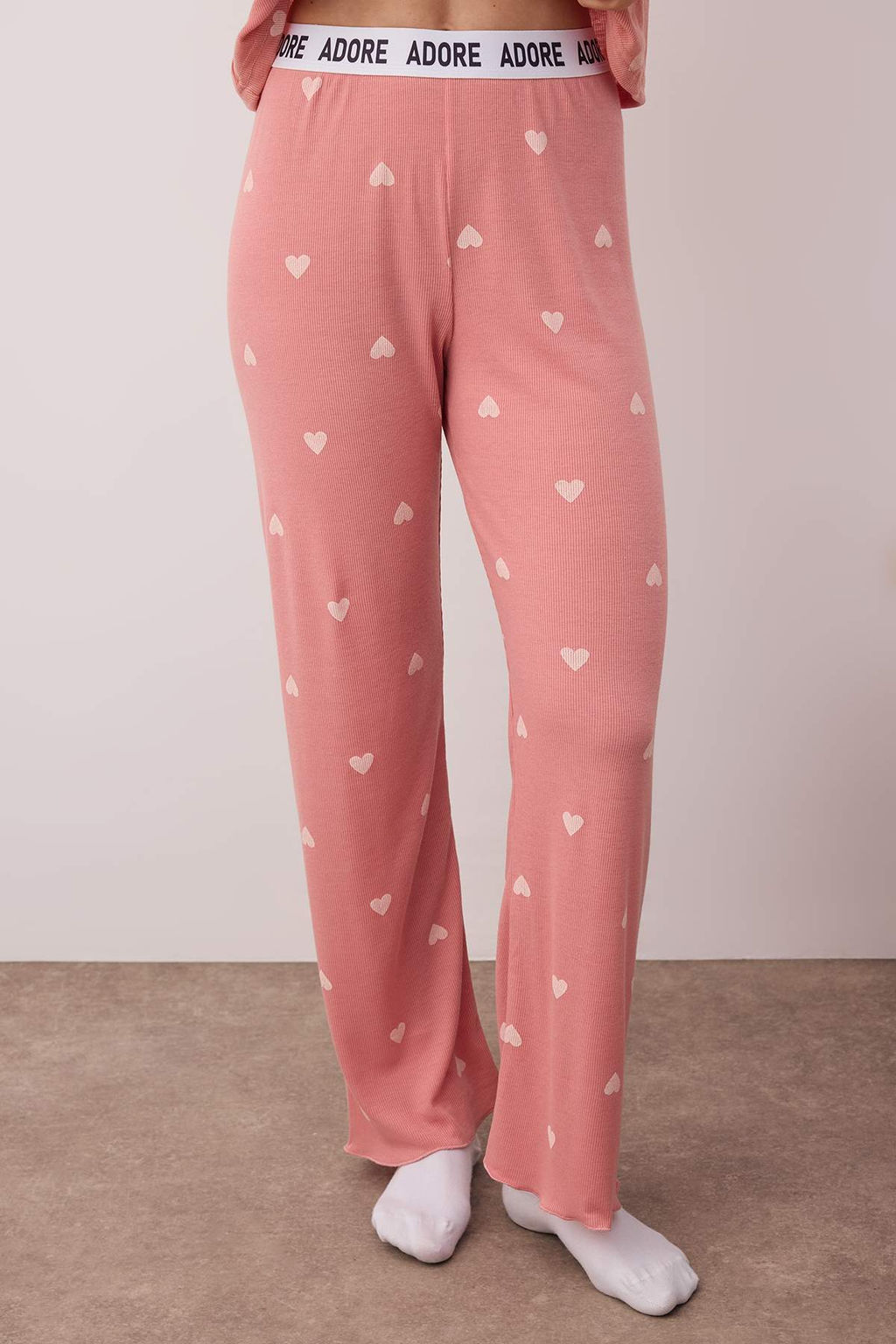 Pembe Kalpli Slogan Lastik Detayl? Fitilli Orme Pijama Tak?m? THMSS24PT00404