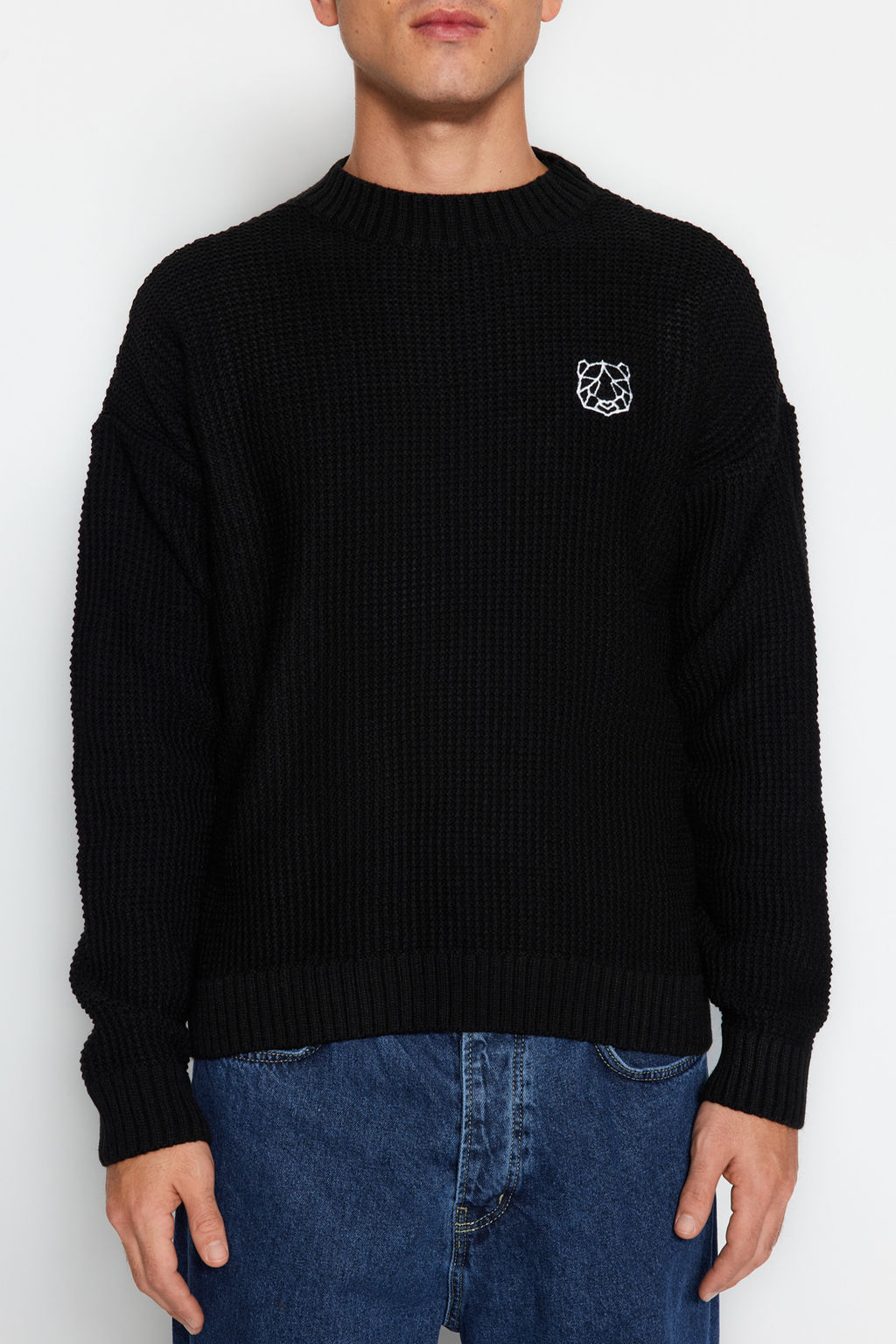 TRENDYOL MAN Indigo Oversize Bisiklet Yaka Dokulu Kazak TMNAW24KZ00032 - Trendyolmilla фото 23