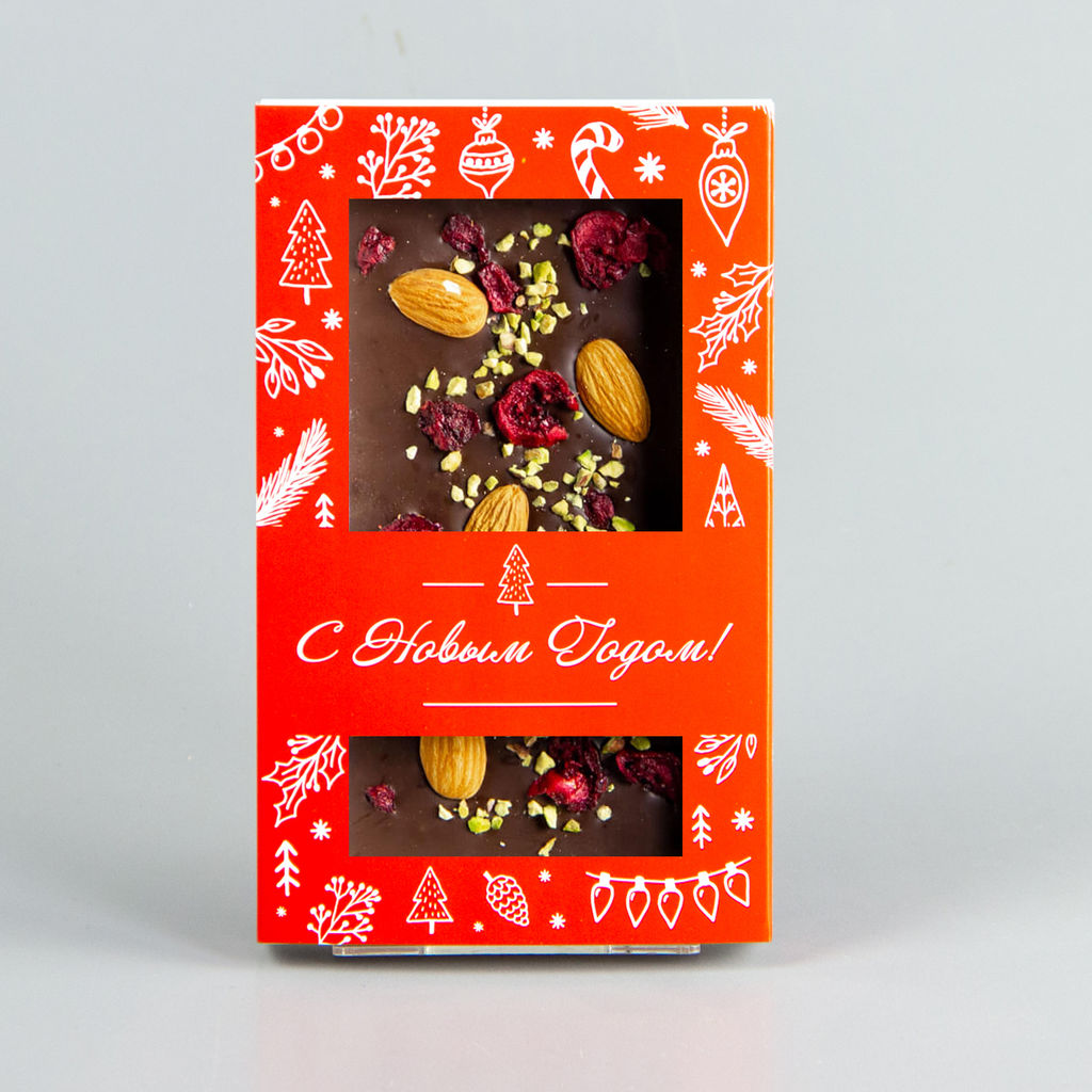 Тёмный шоколад с вишней, фисташками и миндалём, красная коробочка #14