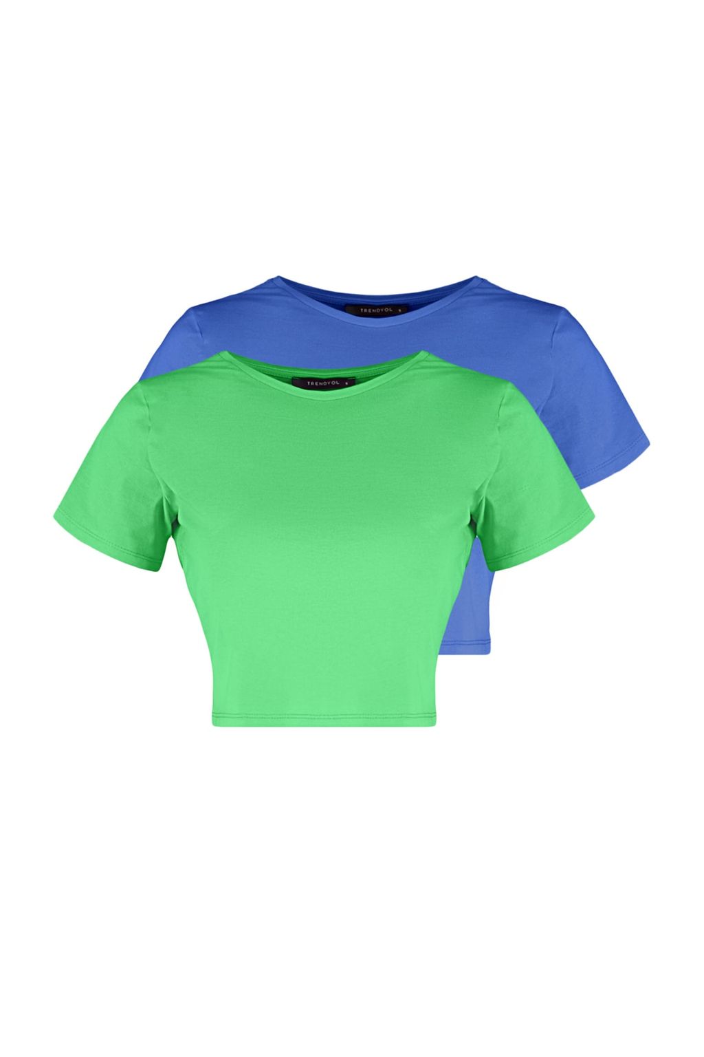 Mavi-Yesil 2li Paket %100 Pamuk Crop Bisiklet Yaka Orme T-Shirt TWOSS20TS1480