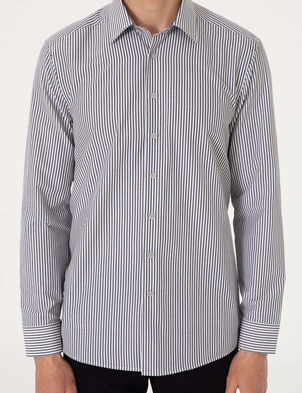 Siyah Slim Fit _izgili Uzun Kollu G_mlek