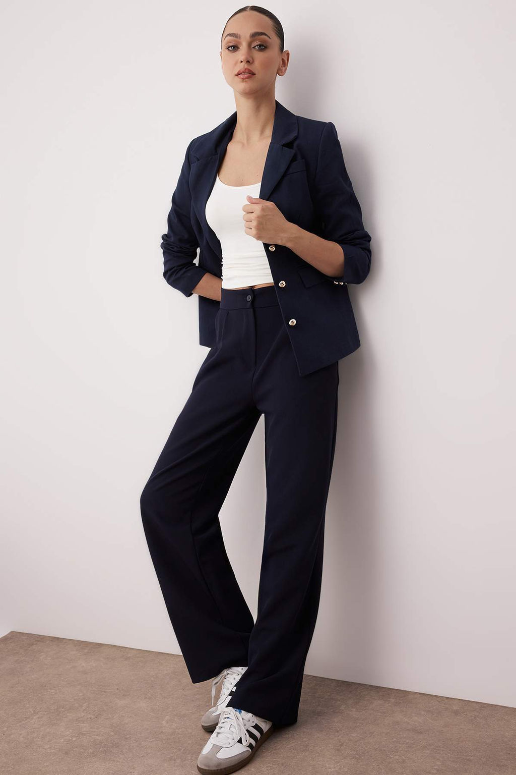 Lacivert Wide Leg/Genis Paca Dokuma Kumas Pantolon TWOAW22PL0139