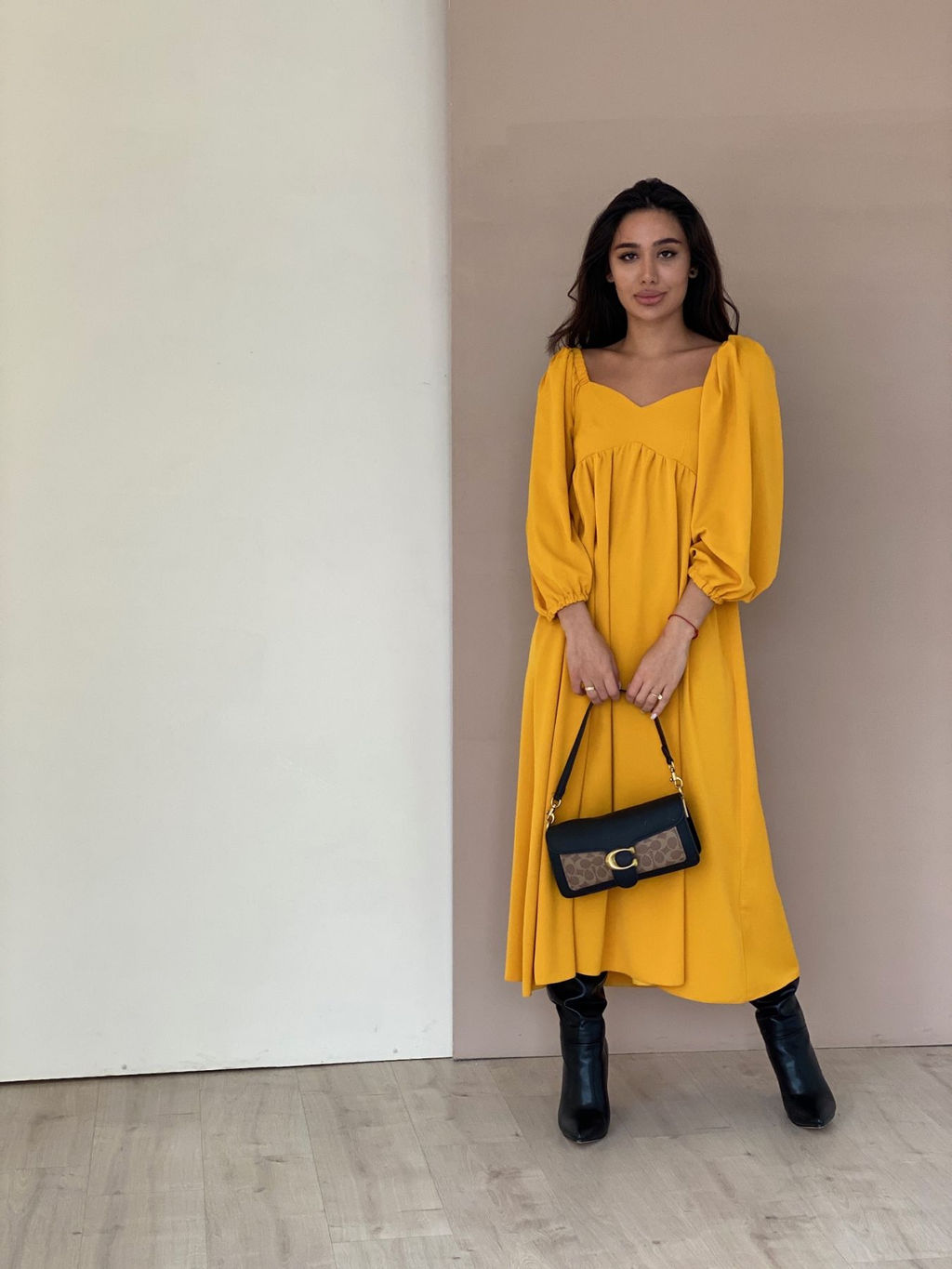 Платье-миди с пышными рукавами в цвете манго - Martichelli фото 54