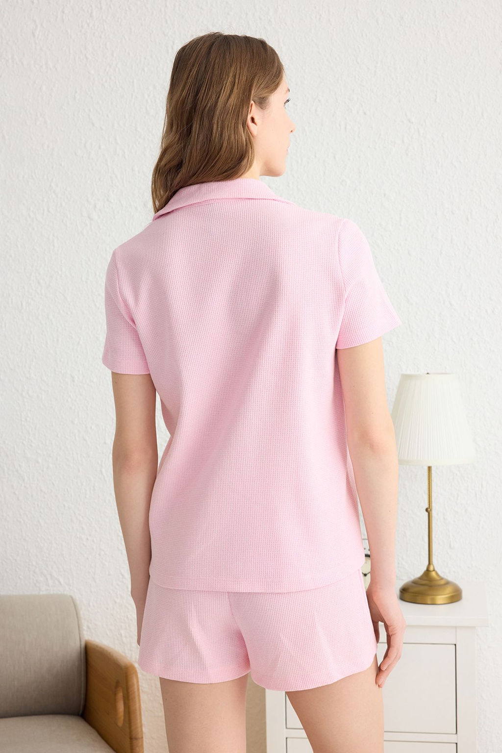 Trendyolmilla Pembe Kurdele/Fiyonk Detayl? Waffle Kumas Sortlu Orme Pijama Tak?m? THMSS25PT00014  фото 13