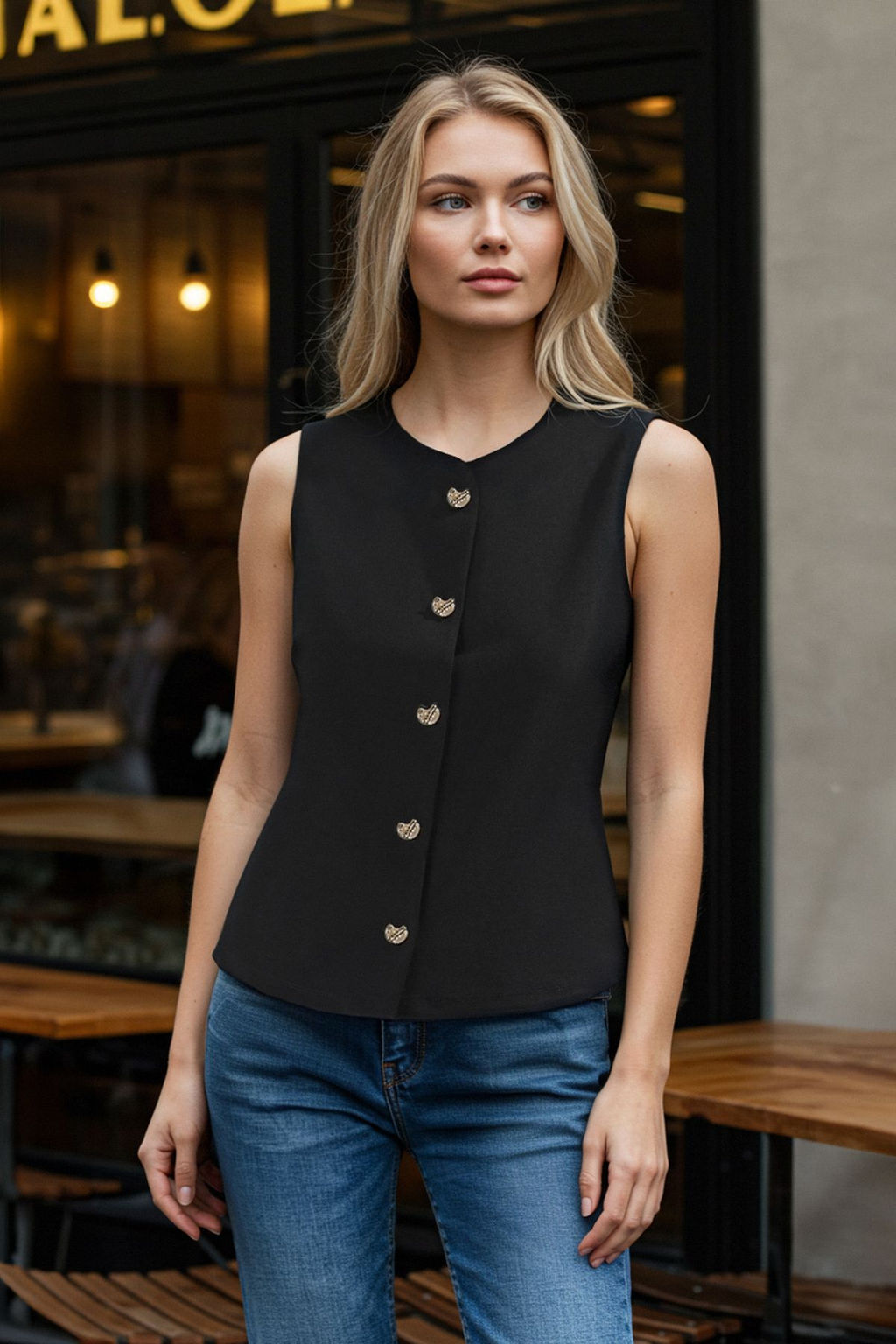 Trendyolmilla Siyah S?f?r Kol Kalp Dugme Detayl? Regular/Normal Kesim OrmeYelek TWOSS25YE00033