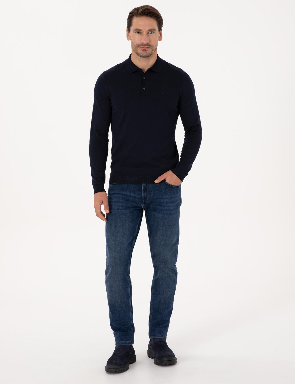 Lacivert Regular Fit Y_n Kar___ml_ Polo Yaka Basic Triko Kazak - Cacharel фото 4