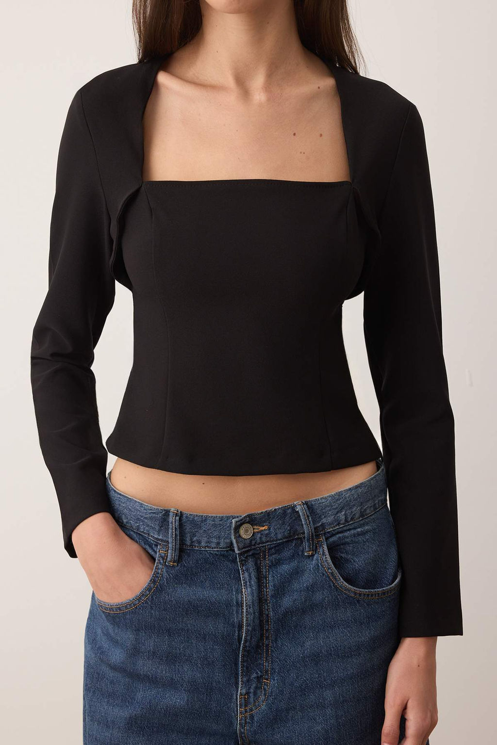 Ekru Kare Yaka Fitted Dokuma Bluz TWOAW26BZ00141 - Trendyolmilla фото 7