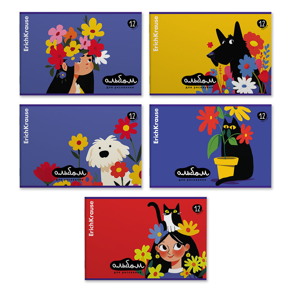АКЦИЯ Цена за 5 шт. Альбом для рисования на скобе ErichKrause Sunbloom, А4, 12 листов_MIX-PACK