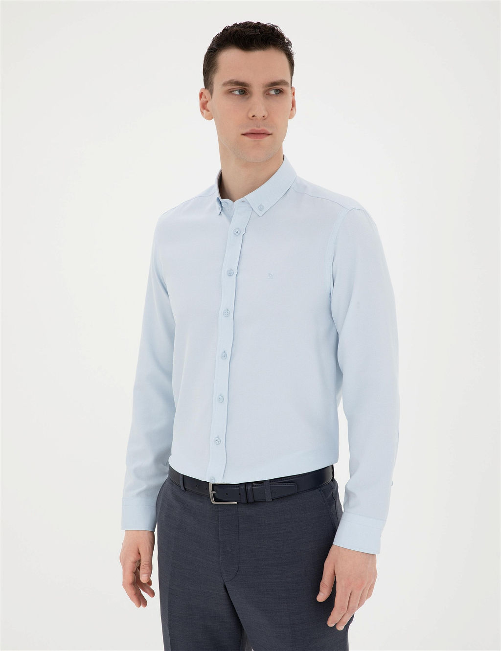 A__k Oxford Mavi Slim Fit Uzun Kollu G_mlek
