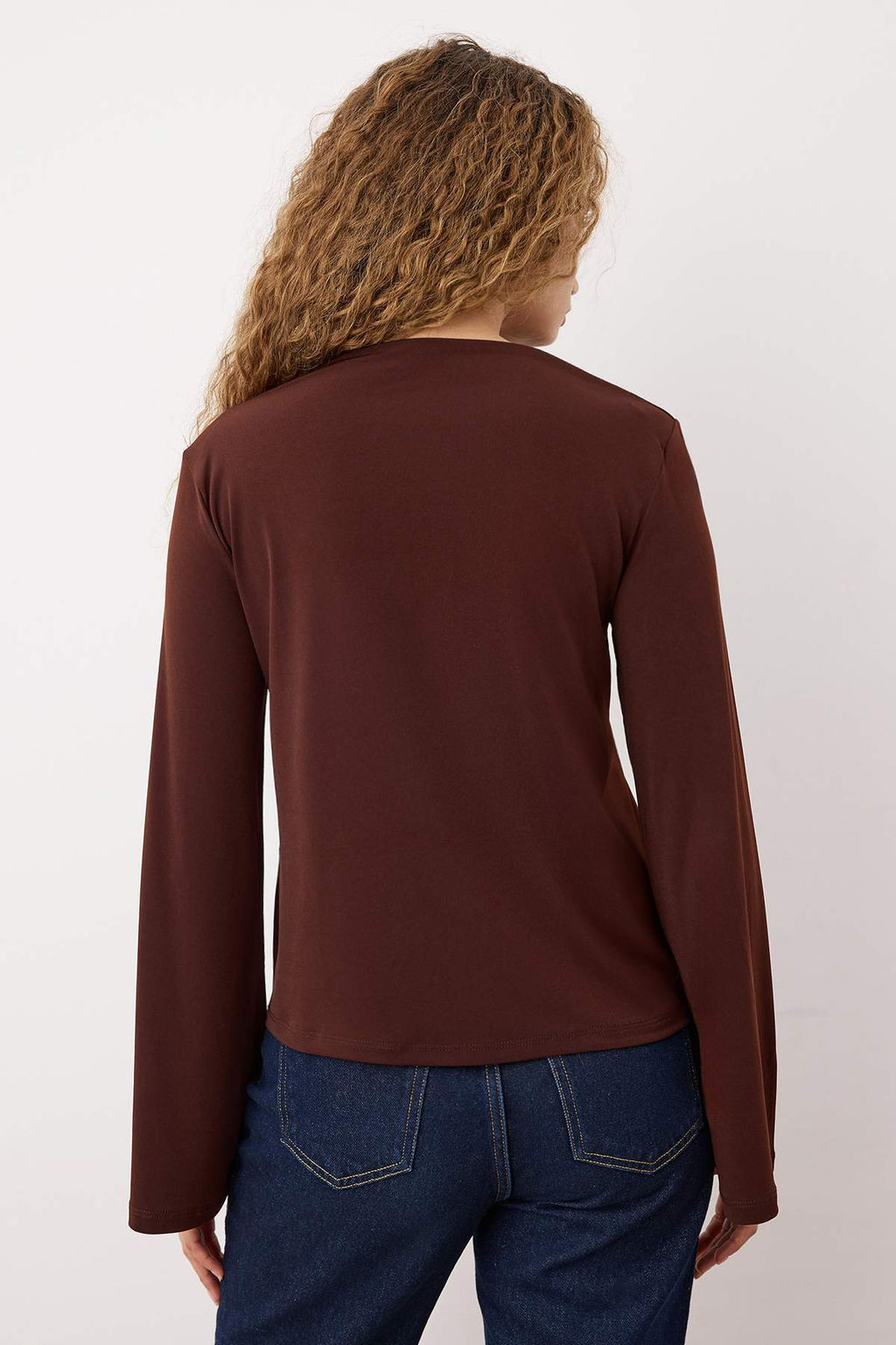 Kahverengi Relaxed/Rahat Kal?p Ispanyol Kol Esnek Orme Bluz TWOAW25BZ00203