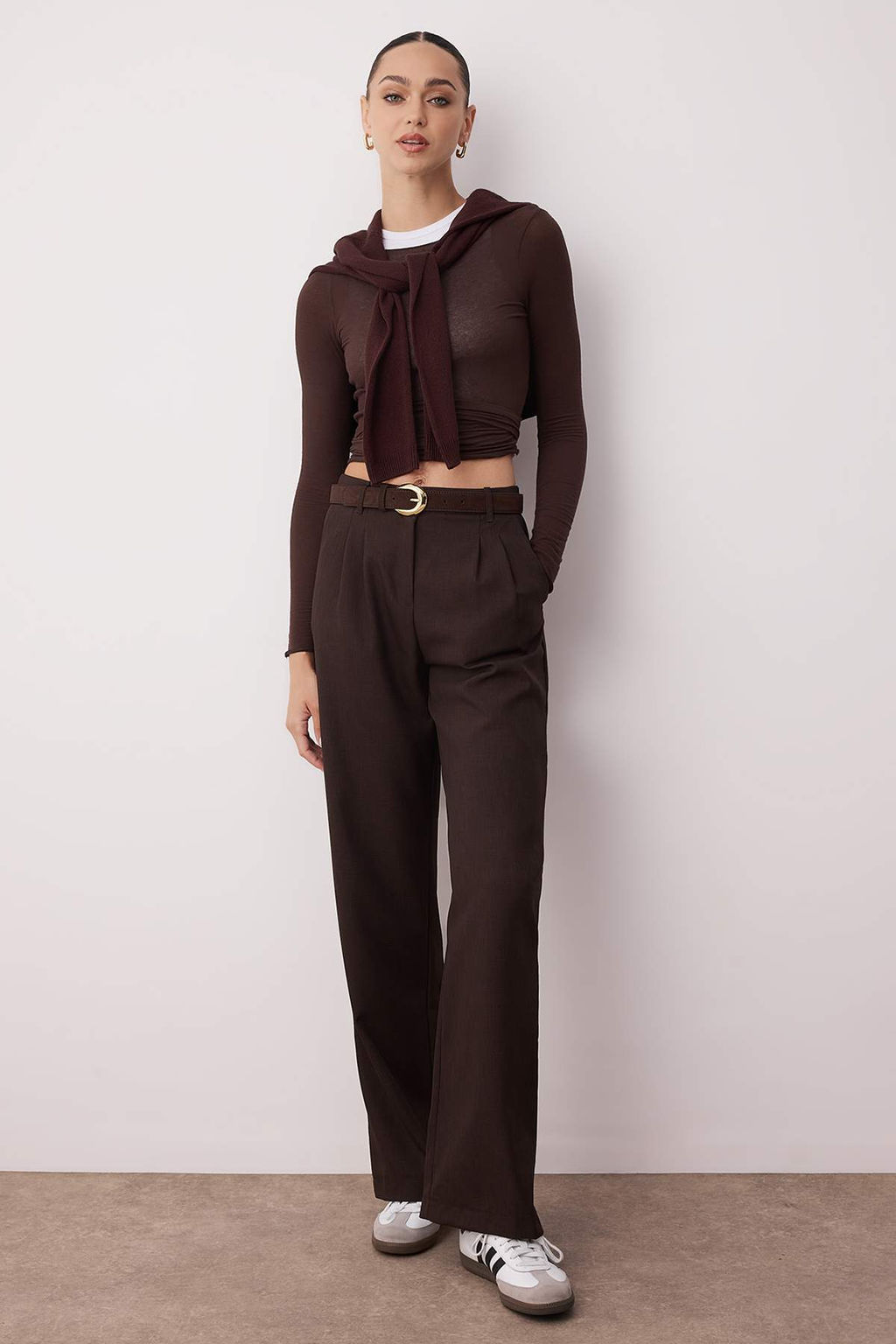 Kahverengi Wide Leg/Genis Paca Pilili Dokuma Kumas Pantolon TWOAW22PL0475 Palazzo