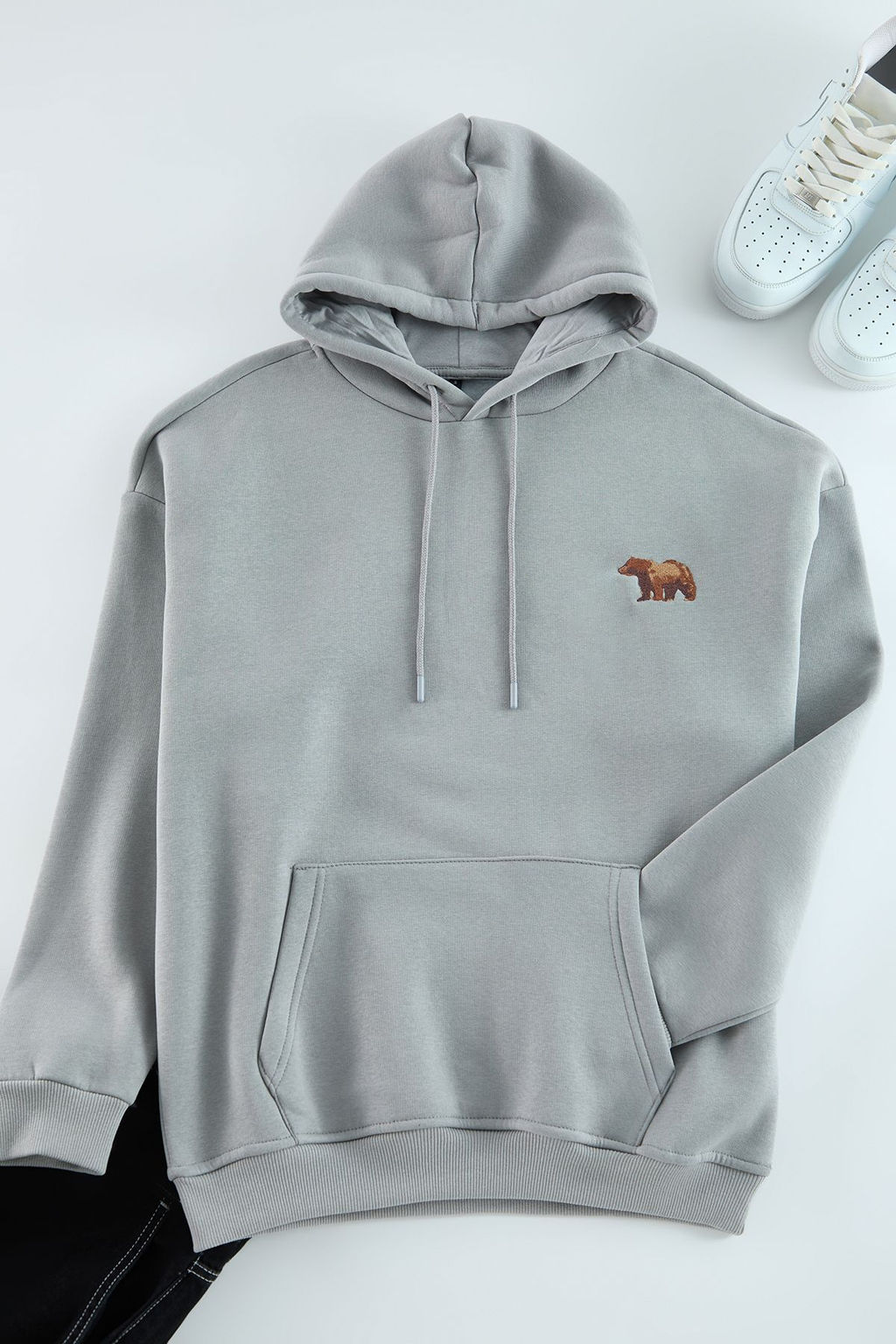 TRENDYOL MAN Gri Oversize/Genis Kesim Kapusonlu Hayvan Nak?sl? Ici Polarl? Sweatshirt TMNAW24SW00097 - Trendyolmilla фото 7