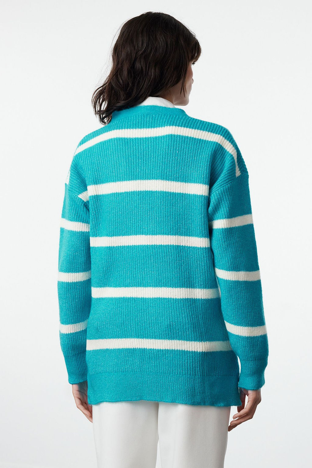 Ac?k Mavi Genis Kal?p Yumusak Dokulu Cizgili Triko H?rka TWOAW23HI00191 - Trendyolmilla фото 5