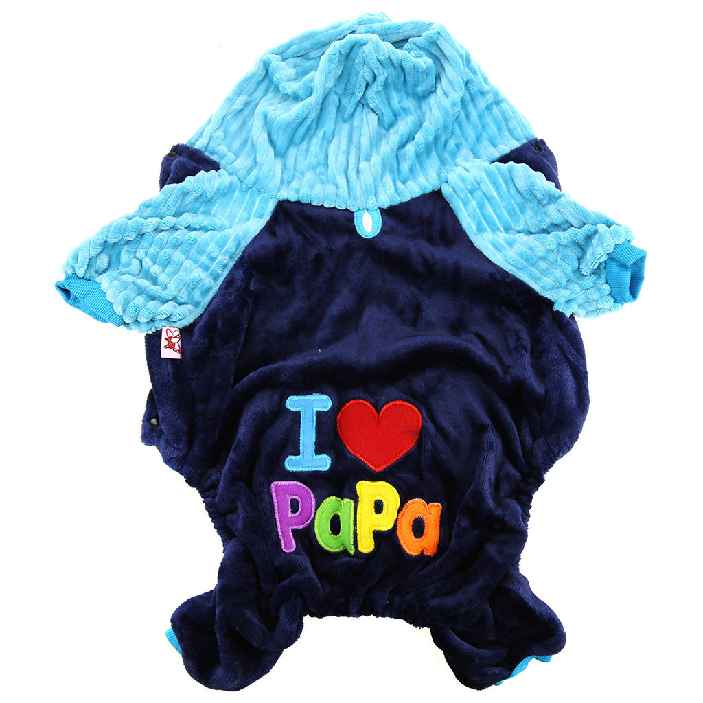 Пэт тойс (Pet toys) Одежда для собаки Комбинезон I Mama/Papa с капюшоном, с принтом, на кнопках, р-р M 33-37см, длина спинки 24см/обхват груди 38см/обхват шеи 30см, цвет-синий с голубым, плюш (100% полиэстер) (Китай) - Домашняя мода фото 6