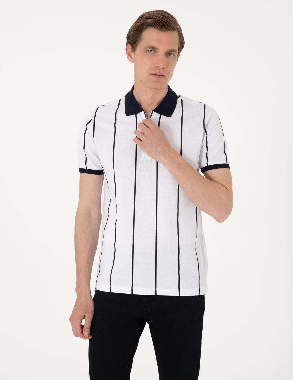 Lacivert _izgi Detayl_ Slim Fit Polo Yaka Ti__rt