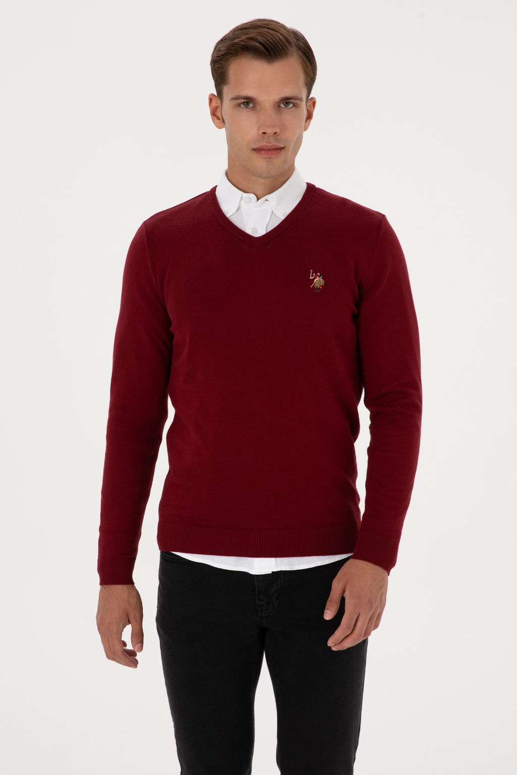 Erkek Slim Fit V Yaka Bordo Basic Kazak - U.s. polo assn фото 3