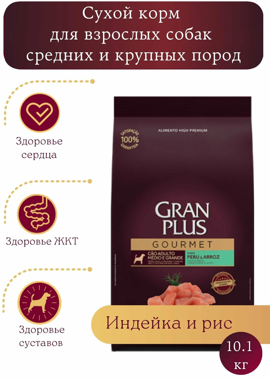 Скидка 50%!!! Гранплюс сухой корм для взрослых собак средних и крупных пород индейка и рис, 10,1 кг