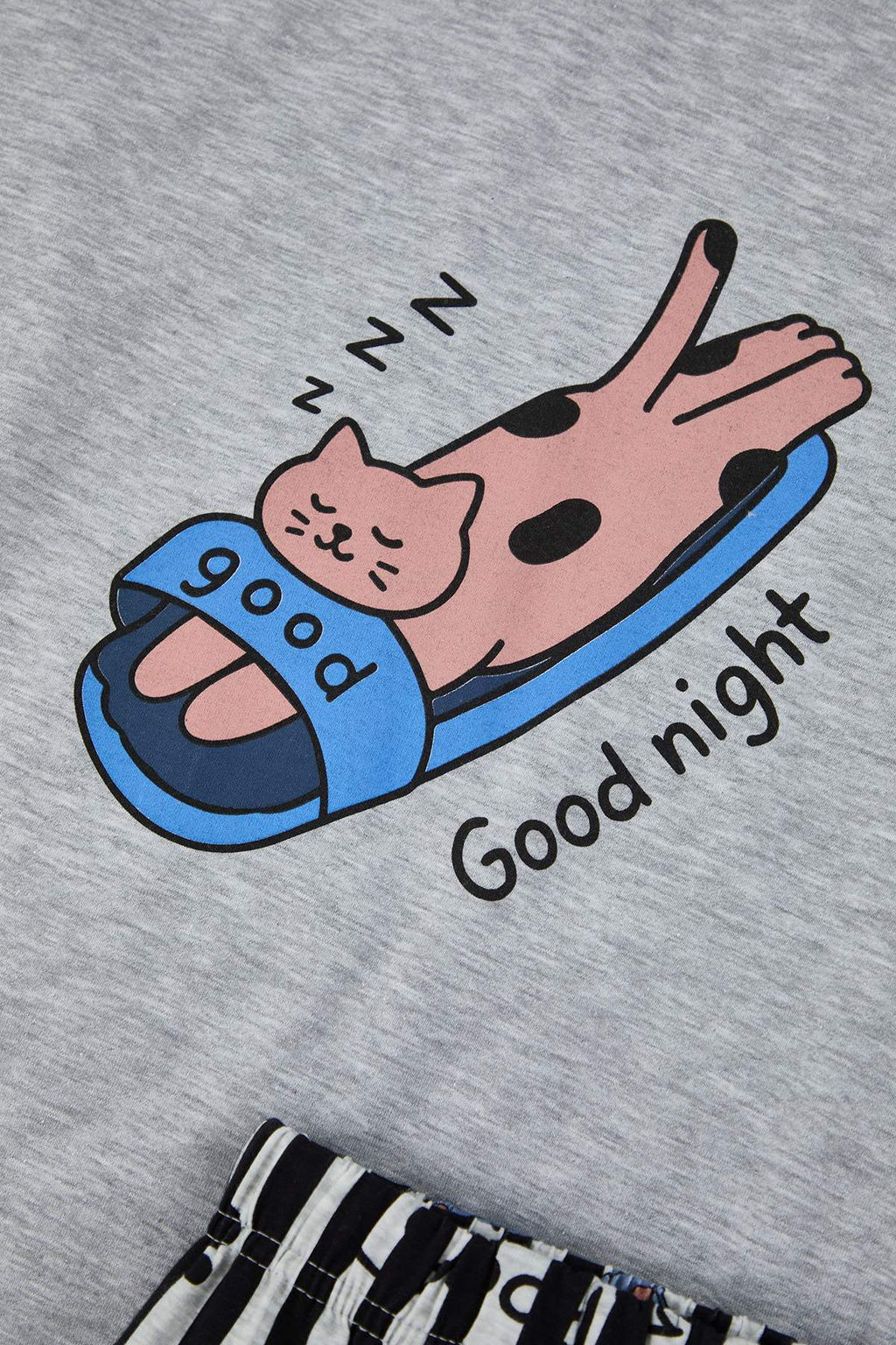 Gri Melanj Regular Fit Kedi Bask?l? Pamuklu Orme Pijama Tak?m? TMNAW26PT00046 - Trendyolmilla фото 3