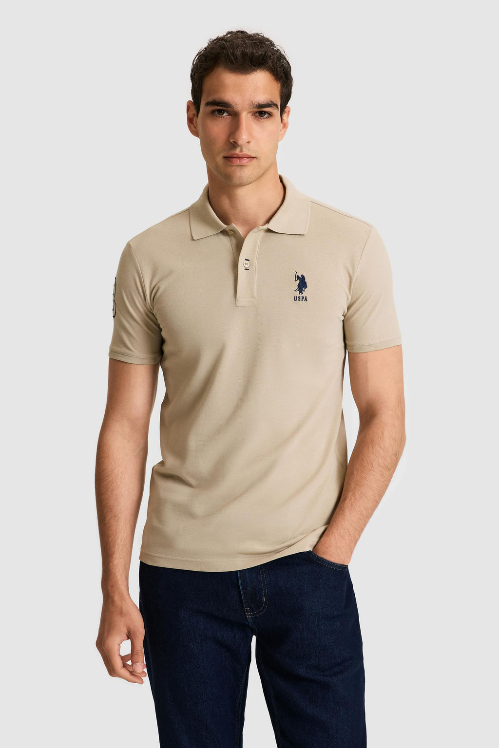 Erkek Slim Fit Polo Yaka A__k Haki Basic Ti__rt