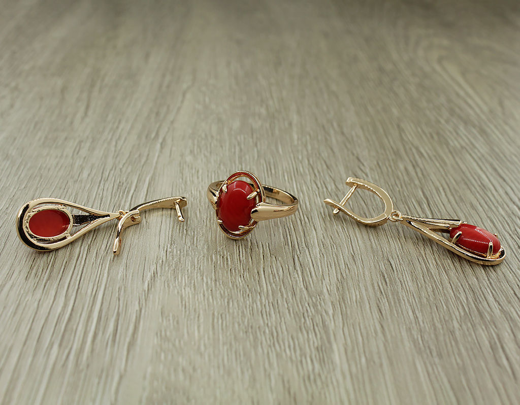 Комплект "Кира-19", коралл, покрытие под золото, размеры кольца: 17, 18, 19, 20