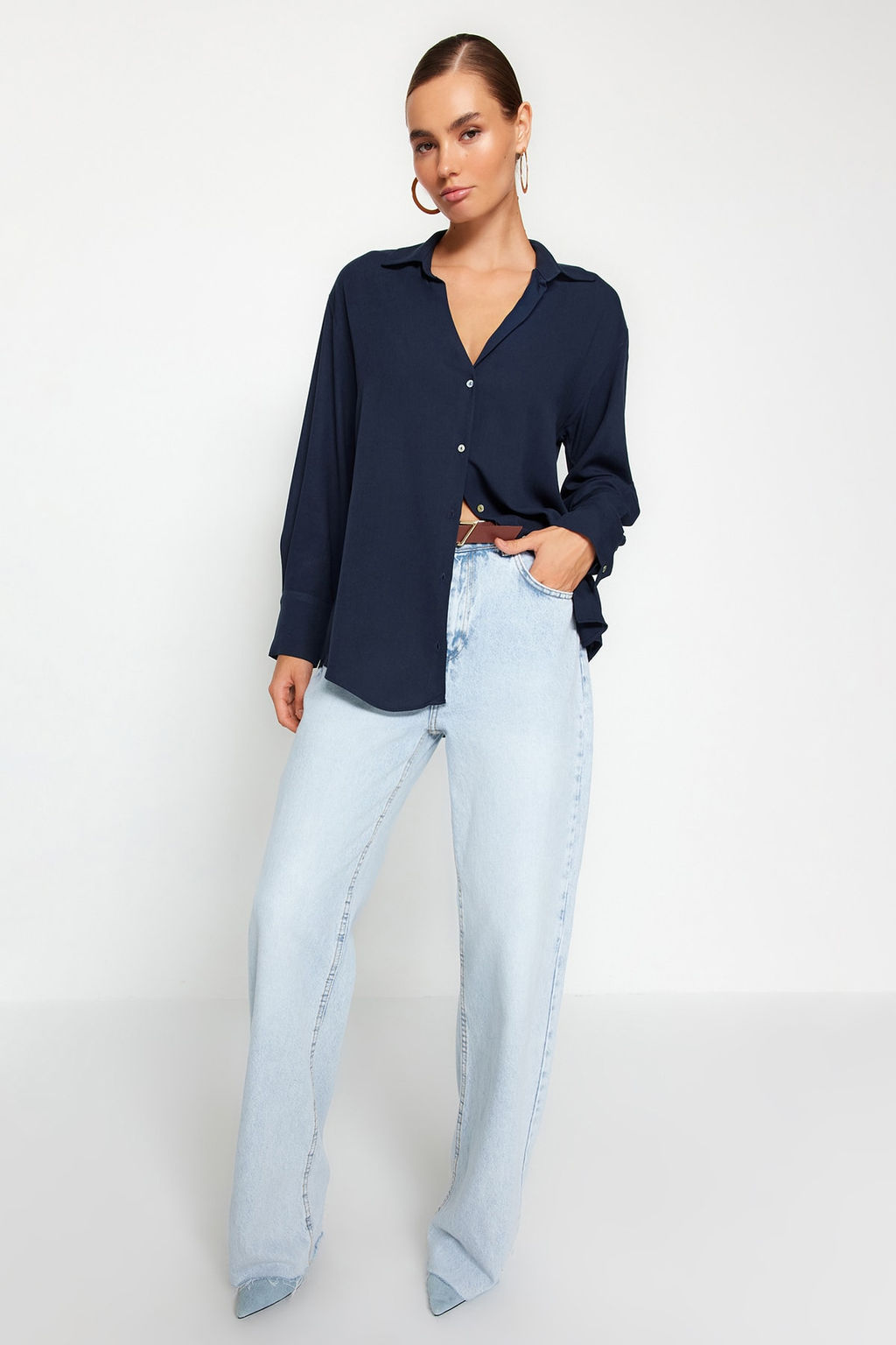 Lacivert Basic Oversize Genis Kal?p Dokuma Gomlek TWOAW24GO00207