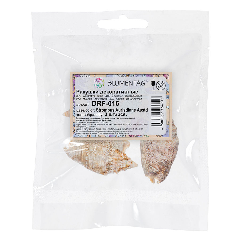 Blumentag / Zlatka DRF-016 Ракушки морские 3 шт. 6.3 см Strombus Aurisdiane Asstd  фото 3