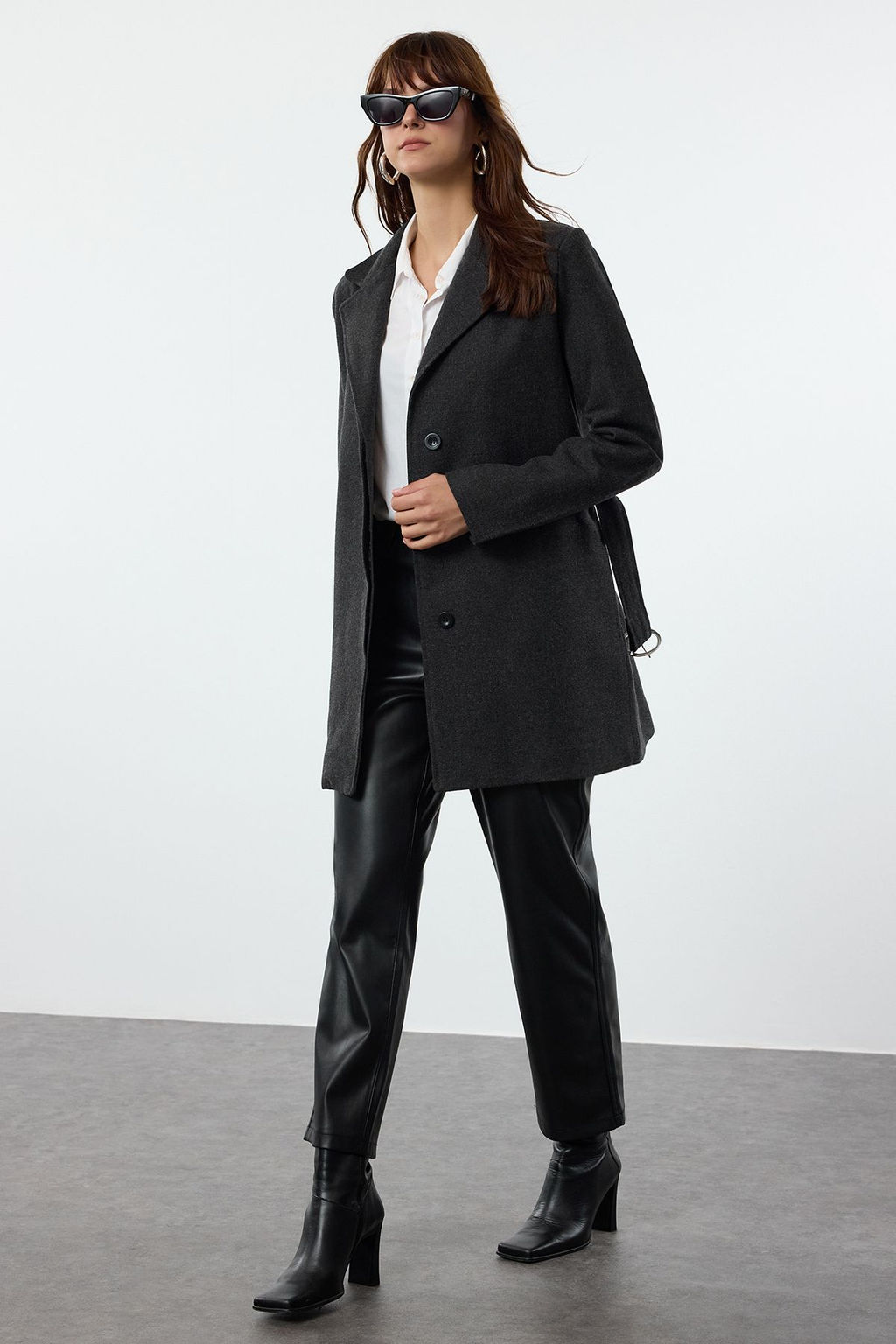 Antrasit Fitted Kemerli Yunlu Midi Kaban TWOAW25KB00071