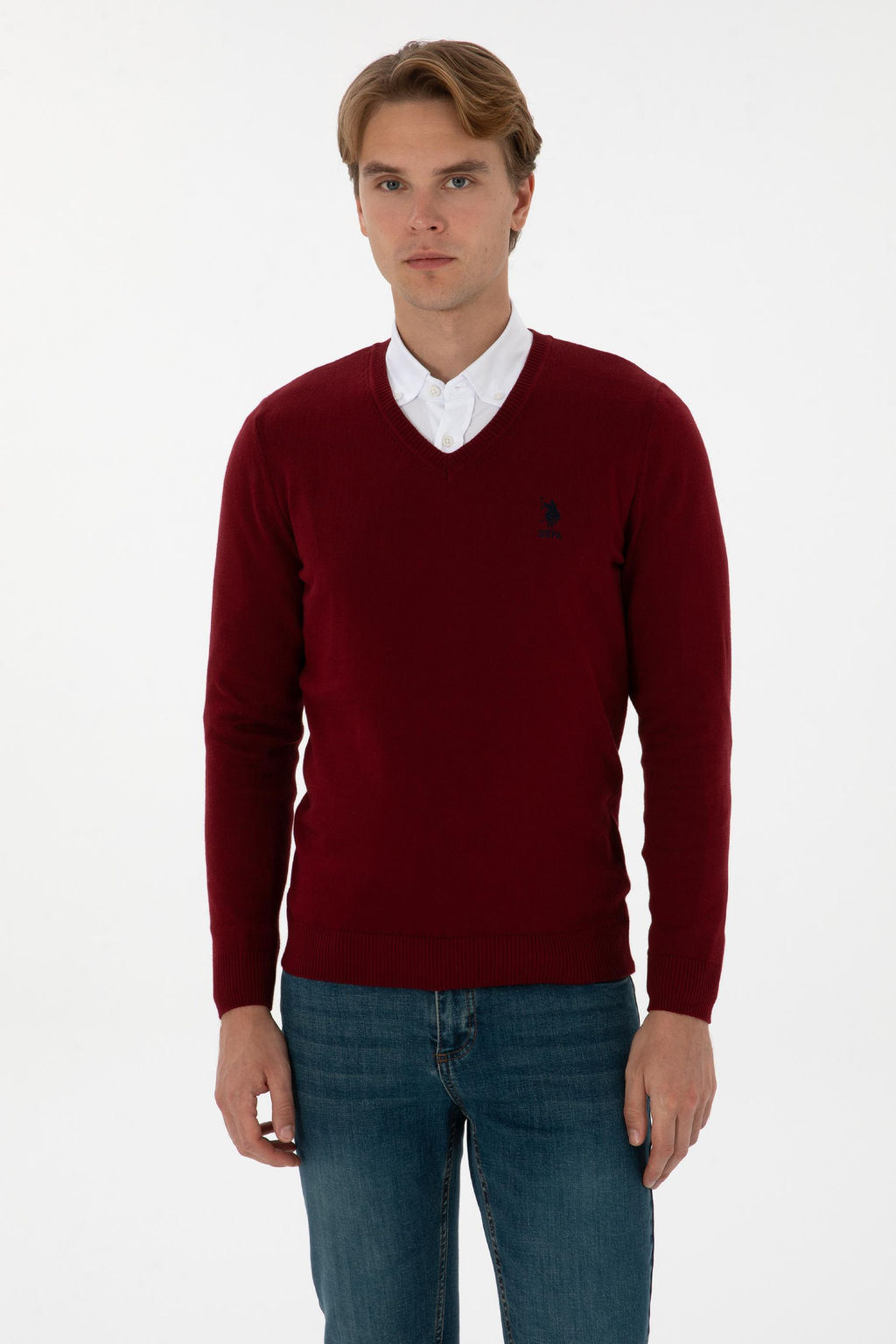 Erkek Slim Fit V Yaka Bordo Basic Kazak