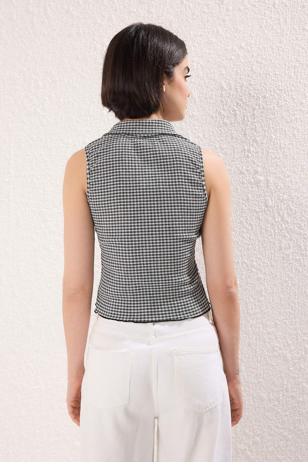 Siyah Poti Kare Polo Yaka Fitted Esnek Orme Bluz TWOSS25BZ00566 - Trendyolmilla фото 5