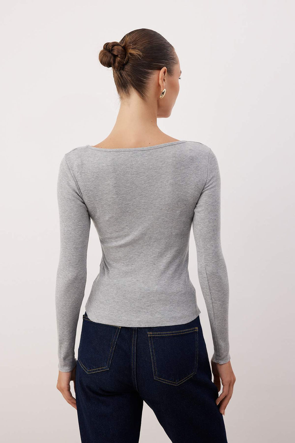 Kahverengi-Gri Melanj 2li Paket V Yaka Fitted/Vucuda Oturan Pamuklu Esnek Orme Bluz TWOAW24BZ00068