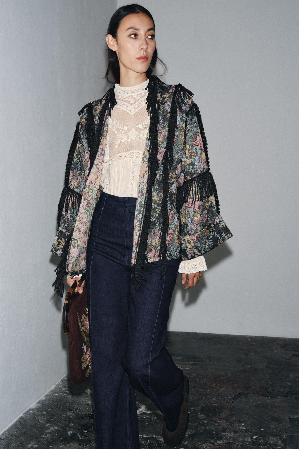 FLORAL JACQUARD FRINGED KIMONO - Zara фото 3