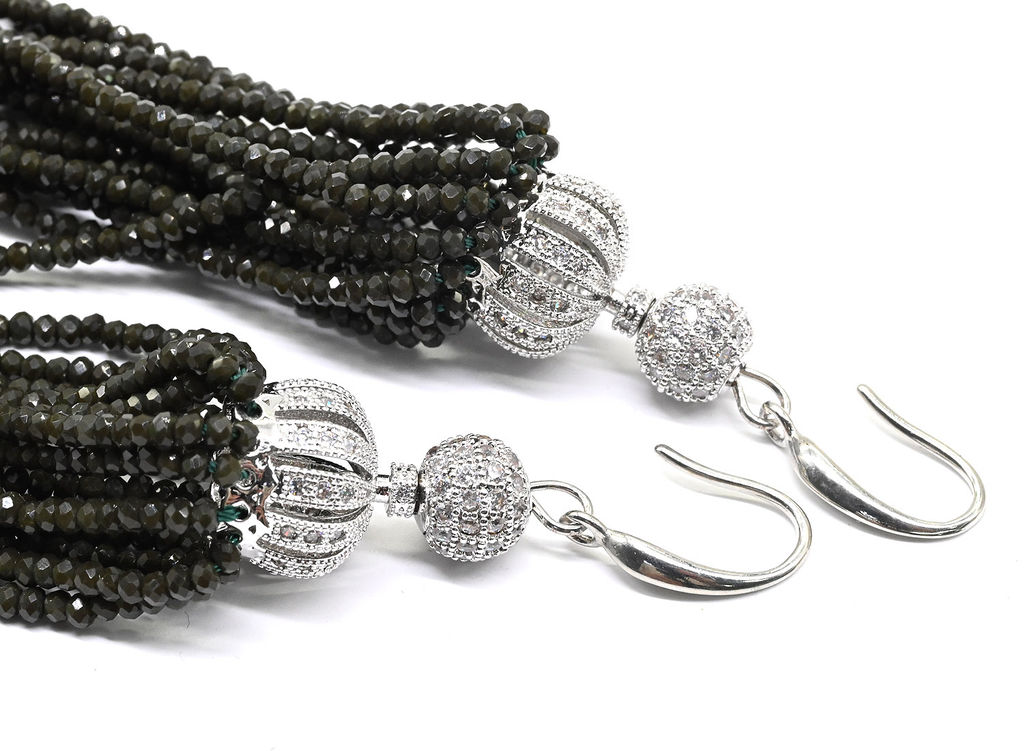 Серьги Кисти с цирконами цв.хаки, 8,5см