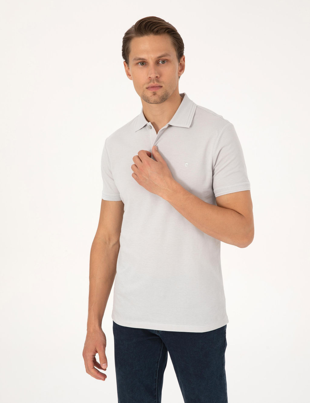 A__k Gri Slim Fit %100 Pamuk K_vr_lmaz Polo Yaka Basic Ti__rt