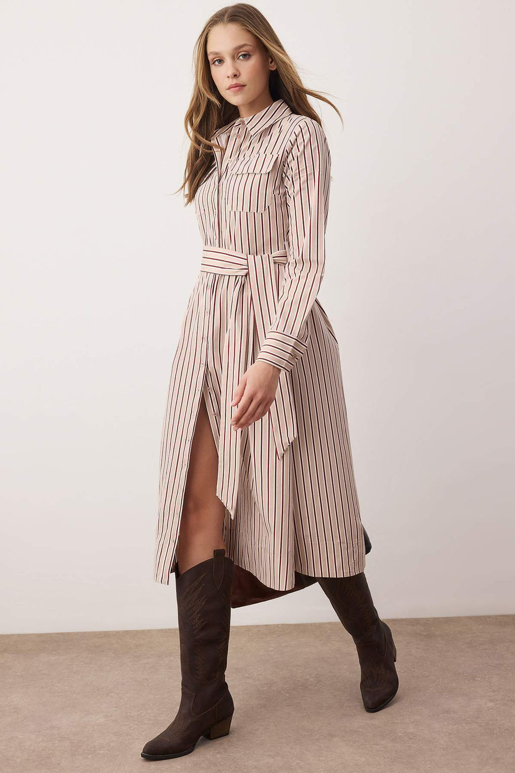 Kahverengi Kusakl? Cizgili Midi Dokuma Gomlek Elbise TWOAW26EL00328 - Trendyolmilla фото 4