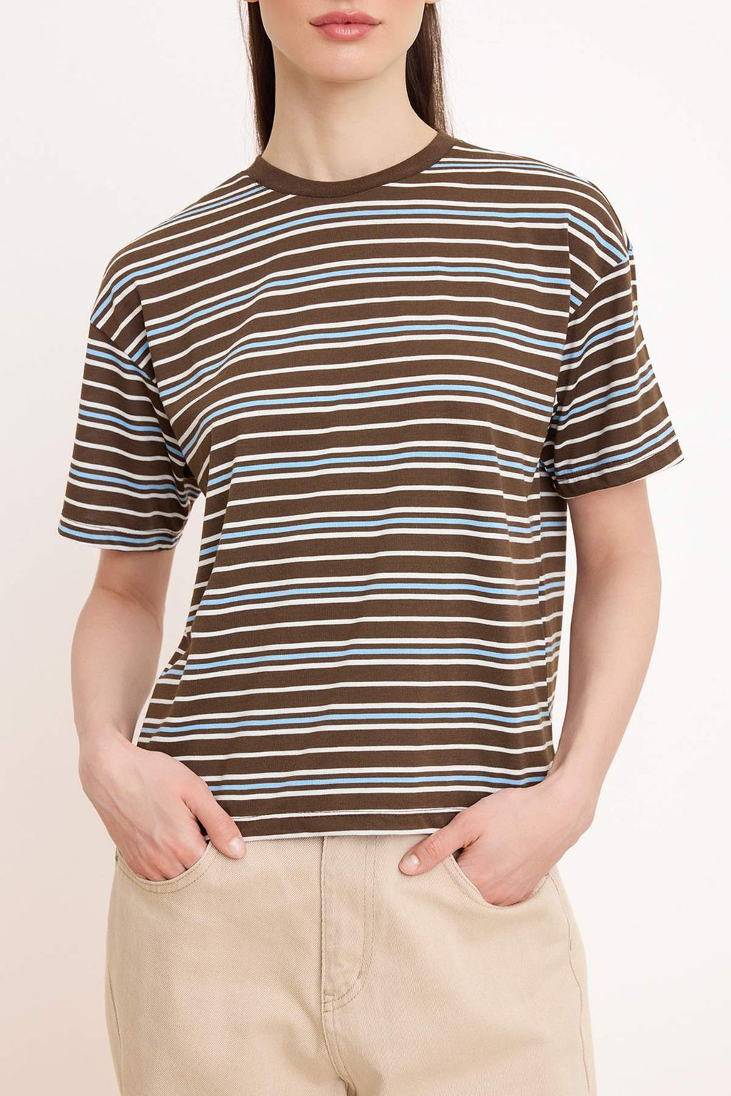 Kahverengi Cizgili Oversize/Genis Kal?p K?sa Kollu Uzun Tok %100 Pamuk Orme T-Shirt TWOSS26TS00055 - Trendyolmilla фото 3