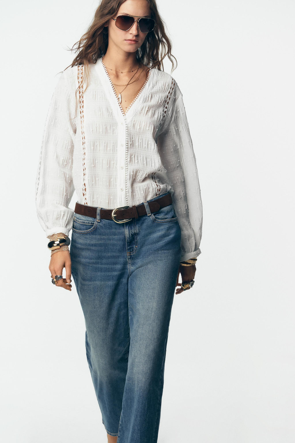 DOTTED MESH AND LACE TRIM BLOUSE - Zara фото 4