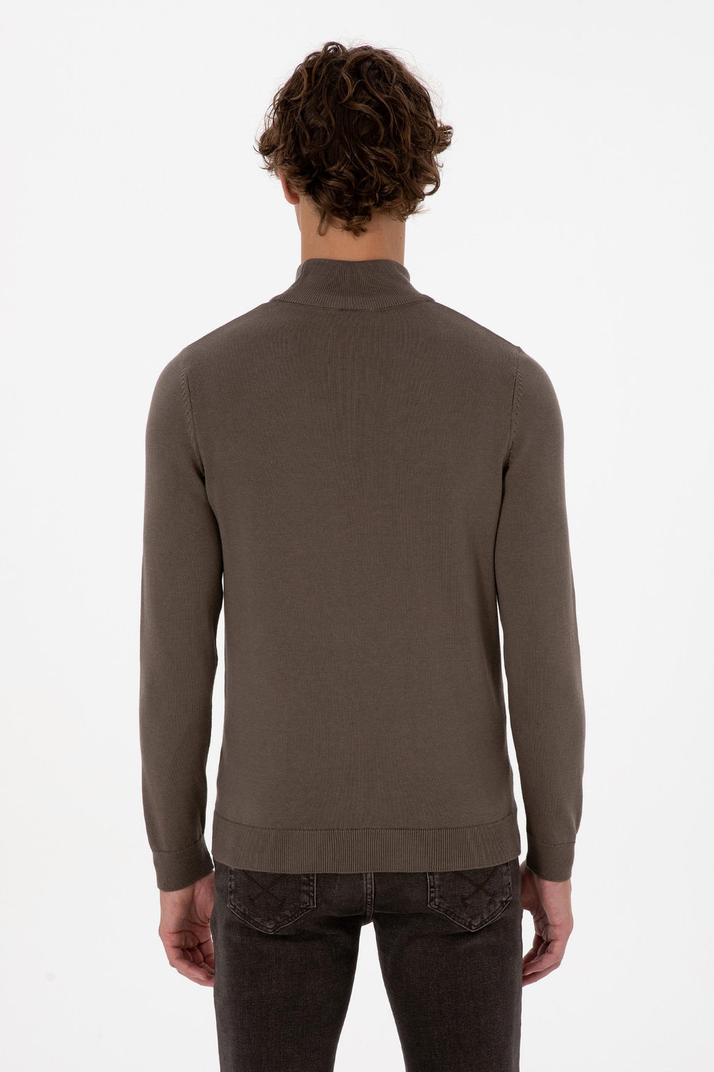 Erkek Slim Fit Bo_azl_ Vizon Basic Kazak